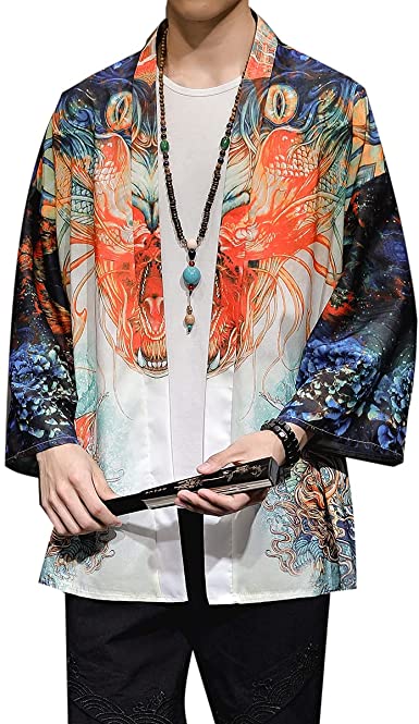 PRIJOUHE Men's Kimono Cardigan Jacket Japanese Style Flying Crane Seven Sleeves Open Front Coat