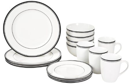 AmazonBasics 16-Piece Cafe Stripe Dinnerware Set, Service for 4 - Black