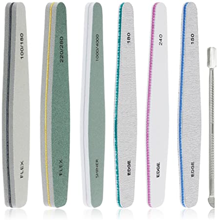 Lictin Professional Nail Files, 6pcs Washable Double Sided Emery Board and 1pc Stainless Steel Cuticle Pusher, Nail Buffer File Block 150, 180, 240, 100/180, 220/280, 1000/4000 Double Sided Buffer