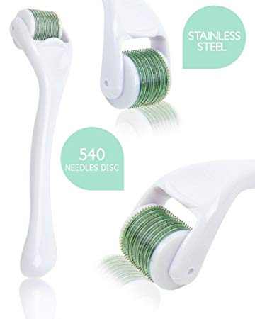 PREMIUM Derma Roller - 0.5 mm 540 Needles Surgical Stainless Steel Microneedle Roller for Face and Body - Micro Needle Roller for Eyes, Wrinkles, Fine Lines, Blackheads, Acne Scars, Cellulite and Stretch Mark Removal (0.5mm, White and Green)