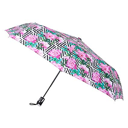 BEBE One Touch Auto Open/Close Windproof Reinforced Canopy Umbrella | Fashion-Forward and Trendy Printed Metallic Umbrella (Rose Geometric)