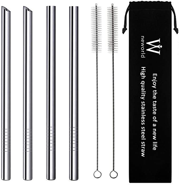 NEWORLD Reusable Stainless Steel Wide Boba Drinking Straws Fat Straws Smoothie/Bubble Tea/Milkshakes Straws with 2 Cleaning Brush & Carry Bag 12mm/0.5" Wide(Silver)