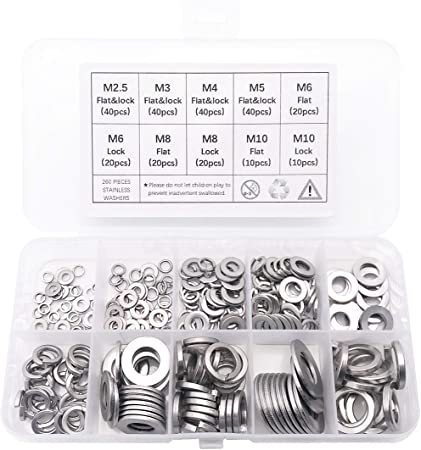QTEATAK 260 Pcs 7-Size 304 Stainless Steel Flat Washer & Lock Washer Assortment Set (Size Included: M2.5 M3 M4 M5 M6 M8 M10)