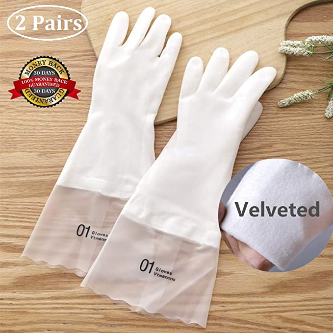 Rubber Gloves for Kitchen Dishwashing Gloves, Reusable Long Cuff velveted Lined Household Rubber Gloves for Cleaning Dish Gloves Durable & Waterproof & Latex Free