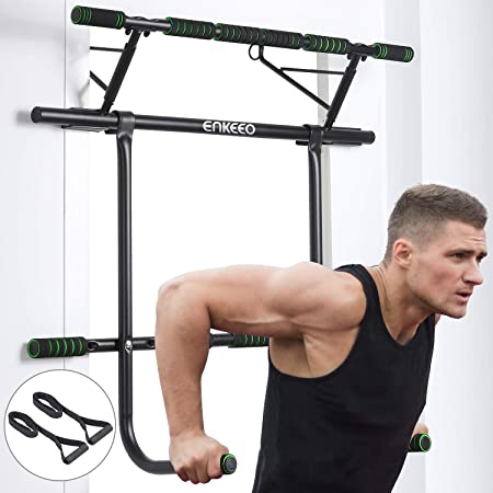 ENKEEO 6 in 1 Strength Training Pull-Up Bars Set, Doorway Fitness Chin Up Frame, Dip Station & Exercise Resistance Bands for Gym Home Upper Body Workout, No Installation Needed (Load up to 440 Lbs)