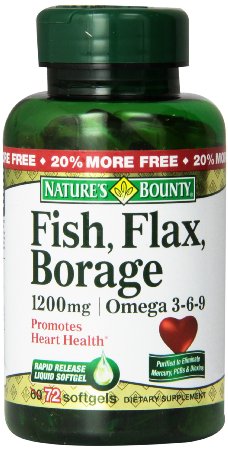 Natures Bounty Omega 3-6-9 Fish Flax Borage 1200mg Softgel 72 Count Bottle