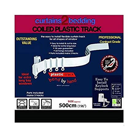 C2B 500cm (196") Plastic Curtain Track, Strong, Bendable Track, Bay & Straight Windows Wall & Ceiling Mounted, Curtains & Shower Curtains Parts for 3 Tracks. Easily Cut Down to Size. Suitable for Curtains with Heading Tapes Pencil Pleat, Pinch Pleat