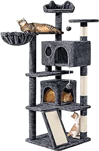 Yaheetech Arbre à Chat Multiniveau Tour pour Chat avec Cachettes Panier Perchoirs Rampe Poteaux en Sisal Boule Suspendue Tour d'escalade pour Chatons 145 cm de Haut Gris Foncé