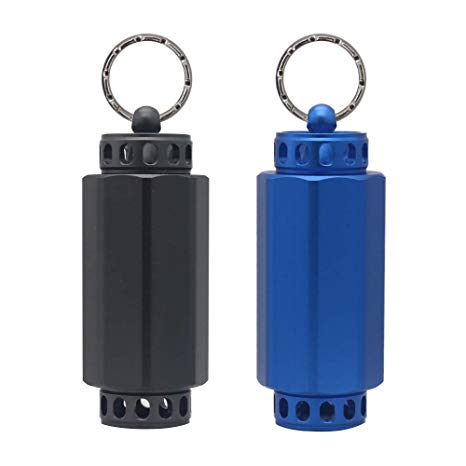 Shintop 2pcs Waterproof Pill Container, Aluminum Pill Box Keychain for Camping Outdoor Travel First Aid Kit (Blue   Charcoal Grey)