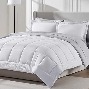 Nestl Queen Comforter Set 7 Piece - Reversible Comforters Queen Size White, Bed in a Bag Queen All Season, Queen Size Comforter Sets Bedding with Flat Sheet and Fitted Sheet, Pillowcases and Shams