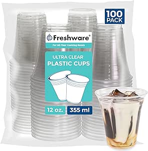 Freshware 12 oz Clear Disposable Plastic Cups, 100 Pack Clear Plastic Cups Tumblers, Heavy-duty Party Glasses, Disposable Cups for Thanksgiving, Halloween, Christmas Party