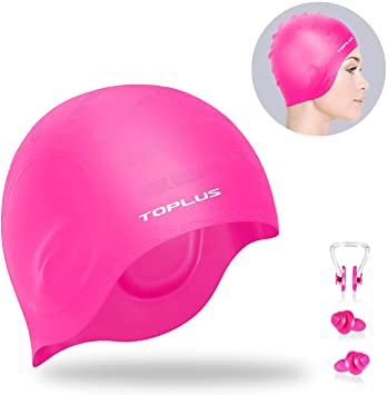 TOPLUS Swim Cap, Durable Silicone Swimming Cap Cover Ears, 3D Ergonomic Design Swimming Caps for Women Kids Men Adults Boys Girls with Nose Clip & Earplugs