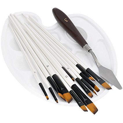 Paint Brushes Set, TOPELEK 12 Pieces Nylon Hair Paint Brush, with Tray Palette and Palette Knife, for Watercolor, Acrylic & Oil Painting , Painting Ceramic, Clay, Leather, Wood & Models, Perfect for Beginners, Kids, Artists and Painting Enthusiasts