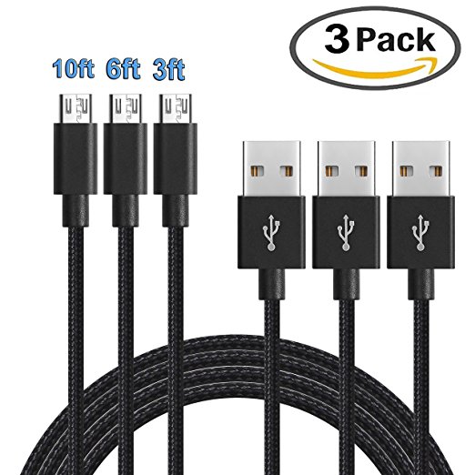 Micro USB Cable Ant Saver[3-Pack] (3ft 6ft 10ft)Micro USB Cable Perfect Lengths Set High Speed Sync Quick Charging USB Cables for Samsung, Nexus, LG, Android Smartphones and More (Black)