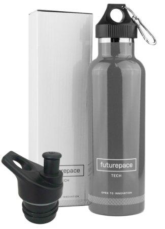 Futurepace Tech - Best Stainless Steel Insulated Water Bottle - 25oz -CHARCOAL - Sports Lid & Gift Box Included