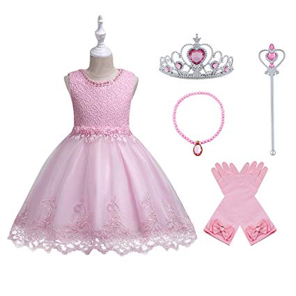 5 in 1 Girls Sleeping Beauty Costume Accessories Set - Pink Princess Dress, Tiara, Gloves with Bowknot, Magic Wand, Necklace for Carnival Costume Cosplay Party