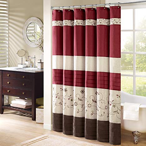 Madison Park Serene Flora Fabric Shower Curtain, mbroidered Transitional Shower Curtains for Bathroom, 72 X 72, Red