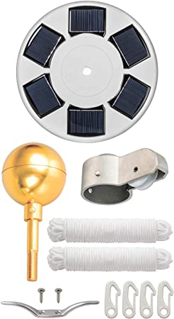 Gold Flagpole Parts Kit (No Pole or Flag) Includes: Deluxe Solar Flag Light | 3" Gold Topper Ball | Pulley Truck | 2 x 50 ft. Ropes | 4 Flag Clips | 4" Cleat Hook