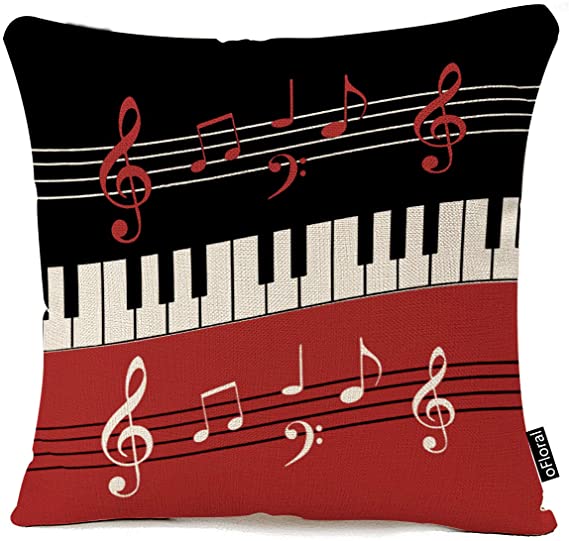oFloral Red Black White Piano Keys and Notes Sofa Simple Home Decor Design Throw Pillow Case Decor Cushion Covers Square 16 x 16 Inches Cotton Linen