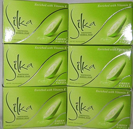 Six (6) Six Silka Green Papaya Whitening Herbal Soap Enriched with Vitamin E, 135g