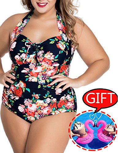 AkiWoo Women's Swimsuit Plus Size Monokini Halter Printed Floral Tummy Control One Piece Sexy Bathing Suit