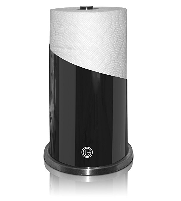 UpGood Countertop Paper Towel Holder with Brushed Stainless Steel and Iron Accents | Vertical Roll Dispenser (Large Stand, Black)