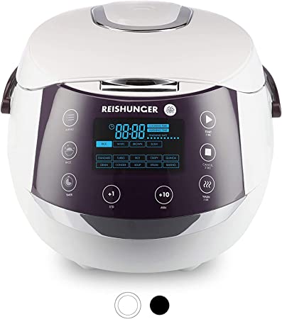 Reishunger Digital Rice Cooker and Steamer, White, Timer - 6 Cups - Premium Inner Pot, Spoon & Measuring Cup, Multi Cooker with 12 Programmes & 7-Phase Technology - 1-8 People