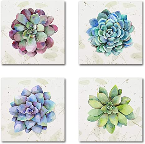 Yatehui Succulent Plants Wall Art Simple Life Canvas Giclee Prints 4 Pieces Watercolor Hand-Drawn Colorful Leaf Pictures Botanical Paintings for Living Room Kitchen Decor 12 x 12 Inches
