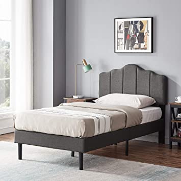 VECELO Twin Upholstered Platform Bed Frame with Height Adjustable Headboard, Mattress Foundation with Strong Wood Slat Support, No Box Spring Needed, Dark Grey