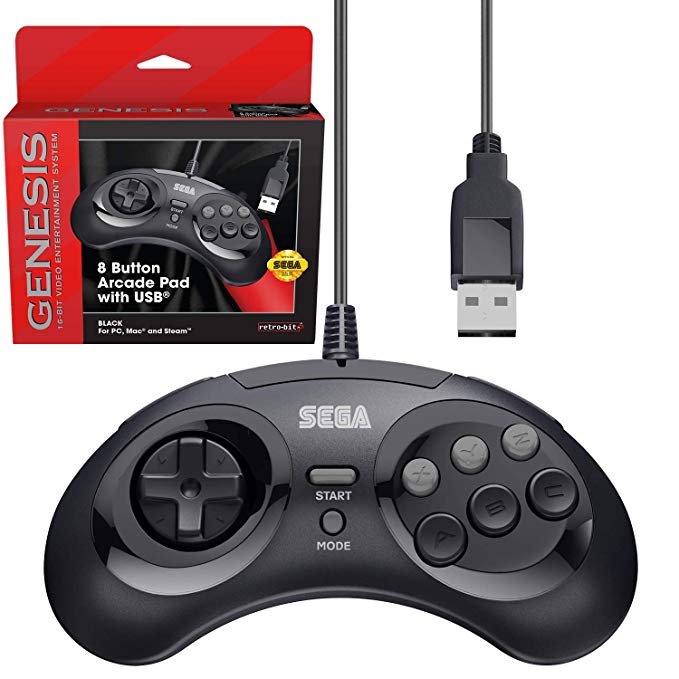 Retro-Bit Official Sega Genesis USB Controller 8-Button Arcade Pad for PC, Mac, Steam, RetroPie, Raspberry Pi - USB Port - Black