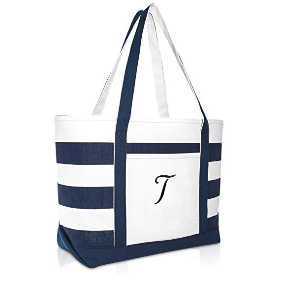 DALIX Premium Beach Bags Striped Navy Blue Zippered Tote Bag Monogrammed A - Z