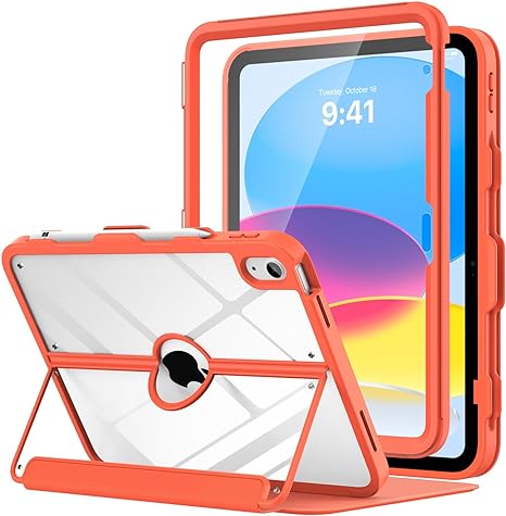 MoKo Case for iPad 10th Generation Case with Pencil Holder, iPad Case 10th Generation 2022 10.9", Built-in Screen Protector Clear Back, Multi Angle Viewing Stand, Auto Wake/Sleep, Orange