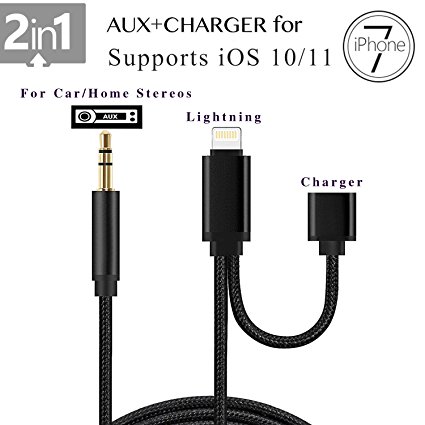 Aux Cord for iPhone 7 / 7 Plus, Charge and Aux 2 in 1 Cable, 3.5mm Audio Cable for iPhone 7, Perfect for Car/Home Stereos(Supports Latest iOS 10.3 / 11) (Black)