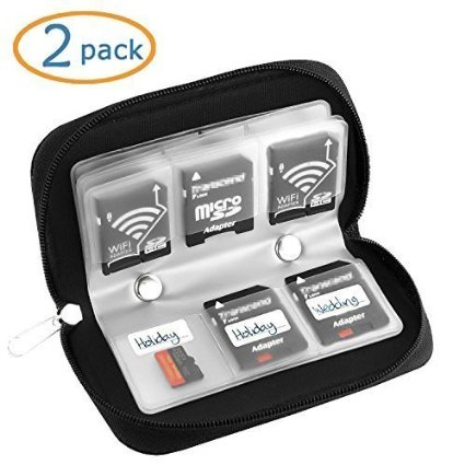 Memory Card Case WOVTE Portable 8 Pages and 22 Slots SD SDHC MMC CF Micro SD Memory Card Case Holder Pouch Zippered Storage Bag Black - 2 Pack