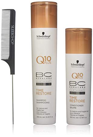 Schwarzkopf BC Bonacure Q10 Plus TIME RESTORE Shampoo & Conditioner for MATURE AND FRAGILE HAIR Duo SET (with Sleek Steel Pin Tail Comb) (8.5 oz/6.8 oz - DUO KIT)
