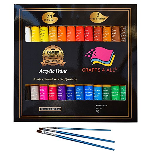 Acrylic paint 24 Set by Crafts 4 All® For Paper,canvas,wood,ceramic,fabric & crafts.Non toxic & Vibrant colors.Rich Pigments With Lasting Quality - For Beginners, Students & Professionals artist