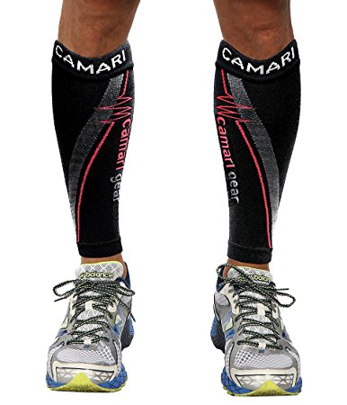 Camari Gear Compression Sleeve (1 PAIR) - For Shin Splints, Calf Strains, Sports Recovery - Leg Socks For Men and Women - Black - Calf Guard for Running, Marathon, Rugby, Walking, Tennis, Golf, Cycling, Maternity, Travel, Nurses, Flight, Gym, Work, Medical