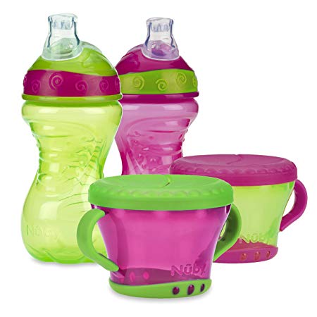 Nuby 4 Piece No-Spill Snack Set, Pink/Green