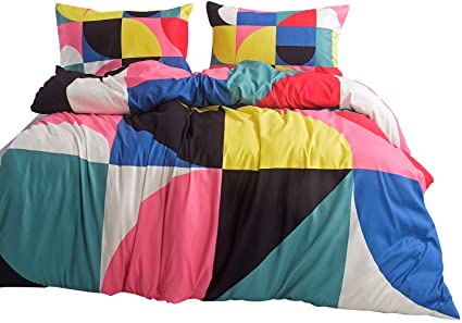 Roslynwood Mid-Century Modern Duvet Cover Set, 100% Brushed Microfiber Bedding, Abstract Contemporary Shapes Printed on White, Zipper Closure (3pcs, Queen Size)