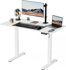 VonHaus Electric Standing Desk, Height Adjustable Sit Stand Desk w/Anti-Collision & Height Preset Technology, Cable Management & USB-C Charging, 120x60cm, Two Piece White Desktop & Frame