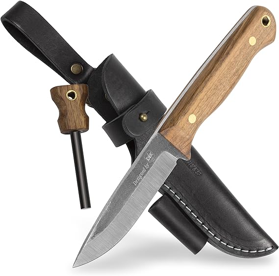 BPS Knives Bushmate Designed by DBK - Bushcraft Knife - Fixed-Blade Carbon Steel Knife with Leather Sheath and Firestarter - Outdoor Full Tang Knife - Camping Survival Knives