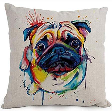 Cotton Linen Cartoon Lovely Animal Abstract Oil Painting Adorable Pet Dogs Pug Throw Pillow Covers Cushion Cover Decorative Sofa Bedroom Living Room Square 18 Inches