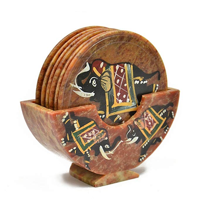 Royal Set of 6 Hand Carved Marble Bar Coaster with Hand-painted Elephant Design Gift Ideas