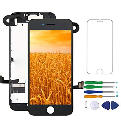 Screen Replacement for iPhone 7 Black Pre-Assembled LCD Display and 3D Touch Screen Digitizer Replacement with Proximity Sensor, Ear Speaker, Front Camera and Repair Tools