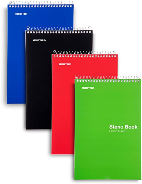 Mintra Office Steno Book - (Primary Colors, 4 Pads/Pack, Graph Ruled) - 6inx9in, 70 Sheets, Notebook for writing notes in school, university, college, work, office