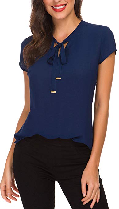 ACONIYA Womens Bow Tie Neck Long/Short Sleeve Blouse Office Work Chiffon Elegant Casual Shirt Tops