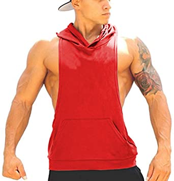 Panegy Men's Tank Top Hooded Pure Color Sleeveless Workout Fitness Pullover Sports T-Shirt