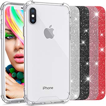 iPhone X Case, COOLQO Soft TPU Shockproof Shock-Absorption Bumper Transparent Crystal Cover, Thicken Anti-Scratch Hard Back HD Clear   [4 Pack Glitter Sparkle] For Apple iPhone X/10 (2017) 5.8 inch