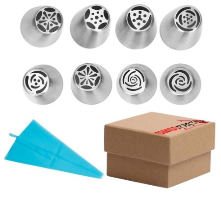 SWISS PART® Best 8pcs Stainless Steel Russian Cake Decorating Icing Tips Kit Extra Large Piping Nozzles and 12" Reusable Silicone Pastry Bag Set