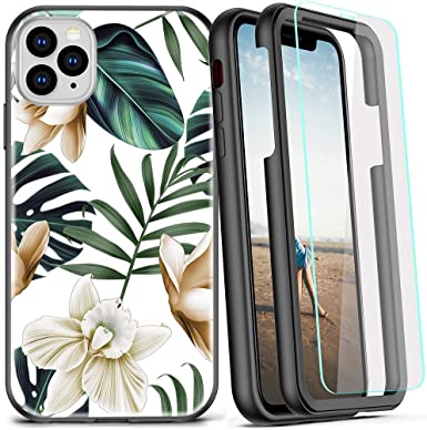 COOLQO Compatible for iPhone 11 Pro Max Case, 360 Full Body Coverage Hard PC Soft Silicone TPU 3in1 Certified Military Shockproof Phone Protective with [2 x Tempered Glass Screen Protector]- Flowers